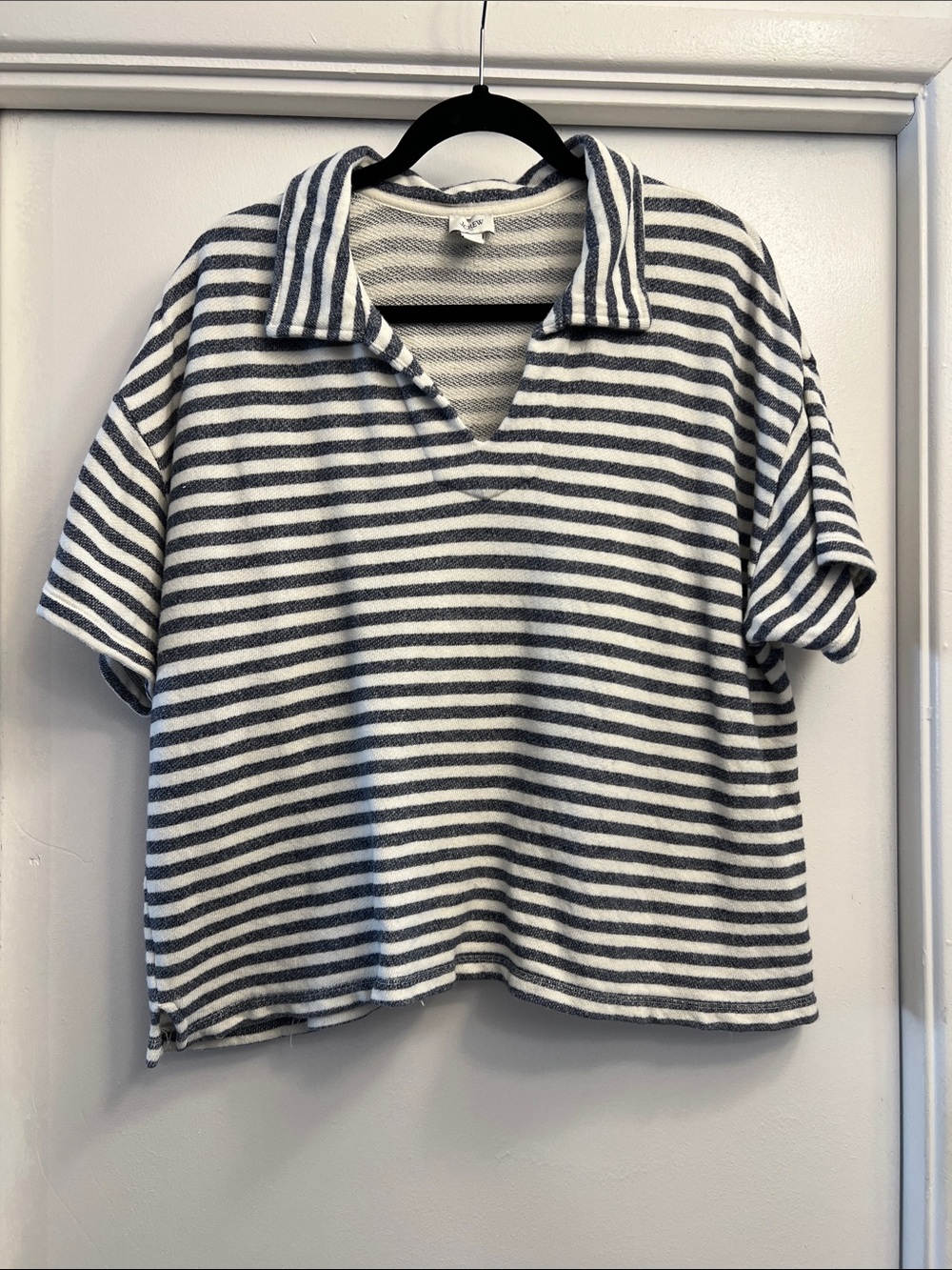 J. Crew Striped Short-Sleeve Terry Polo Sweatshirt Navy/White Size Large